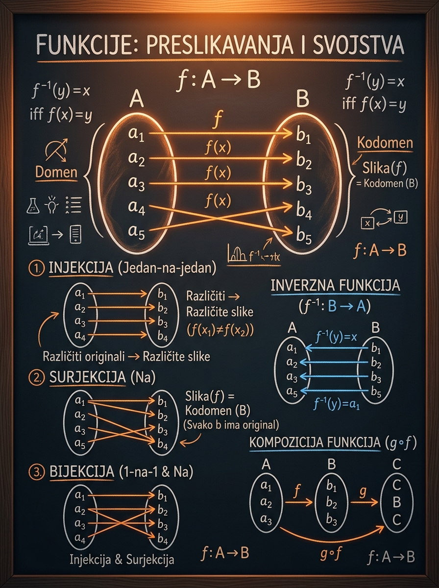 Funkcije (preslikavanja, injekcija, surjekcija, bijekcija i inverzna funkcija)