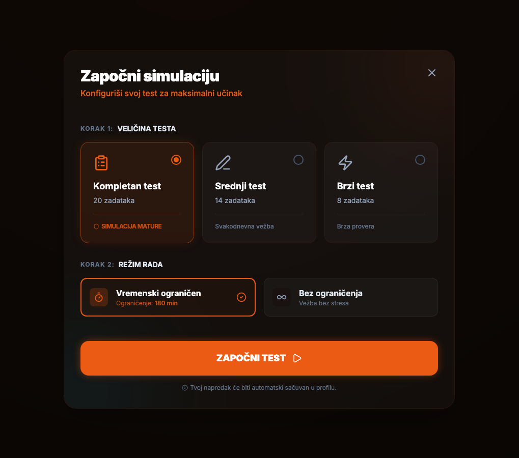 Simulacija prijemnog ispita — konfiguracija testa